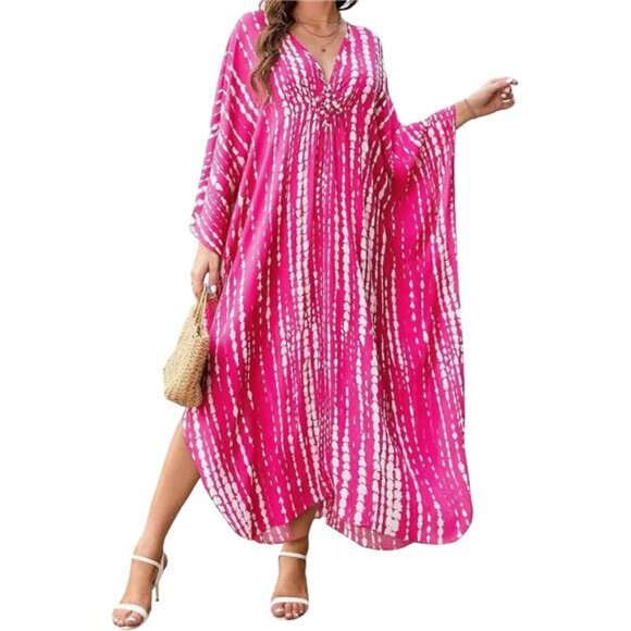 Kaftan Dresses for Women V-Neck Batwing Sleeves Swimsuit Beach Cover Ups Tie - Picture 1 of 6